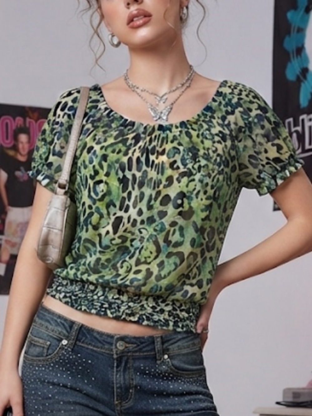 INC International Concepts Y2K 2000’s Green Leopard Print Blouse Size Medium